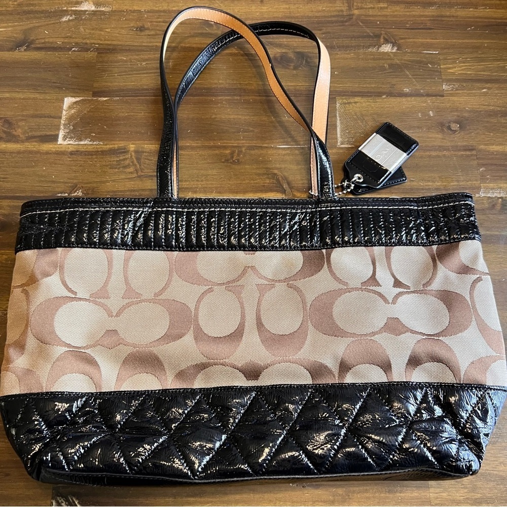 Vintage Coach Poppy Quilted Tote Shoulder Bag Signature CC Black Tan G1176